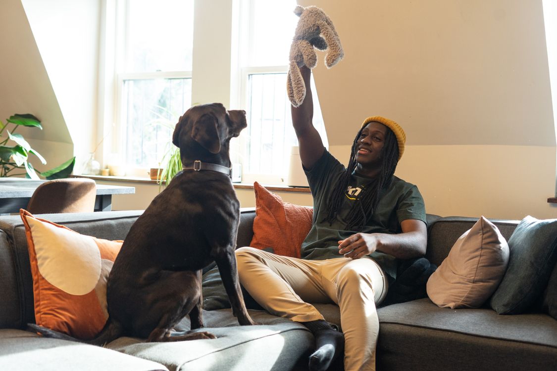 Man playing with dog
