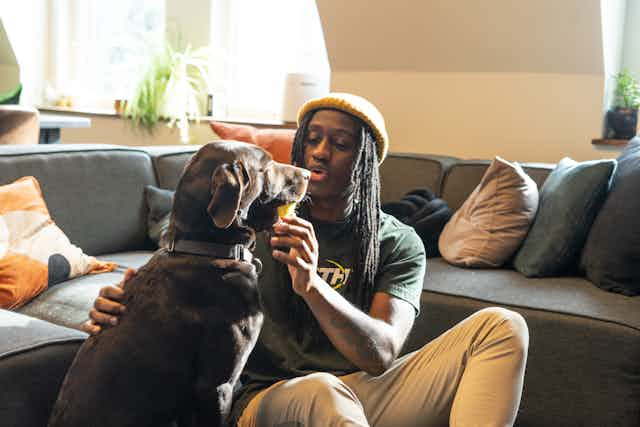 Man playing with dog