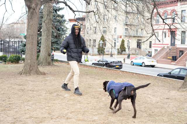 Man playing with dog